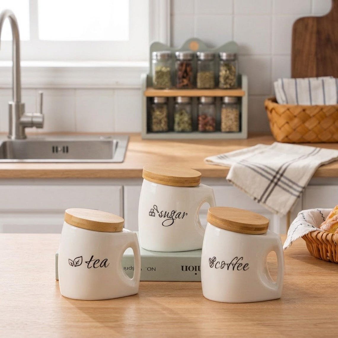 White Ceramic Canister Set with Bamboo Lids
