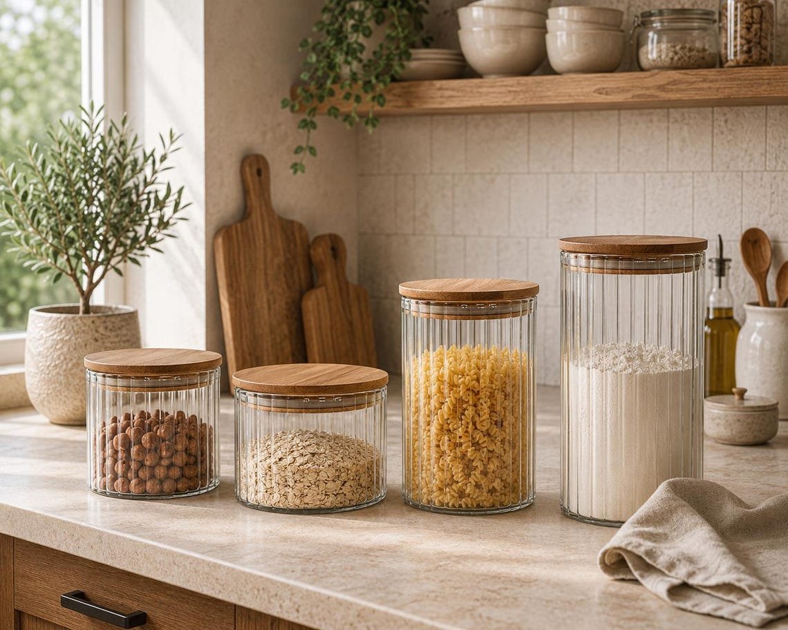 Ribbed Glass Storage Jar with Wooden Lid