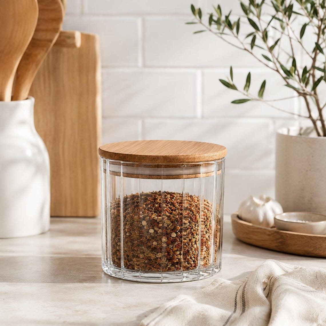 Ribbed Glass Storage Jar with Wooden Lid