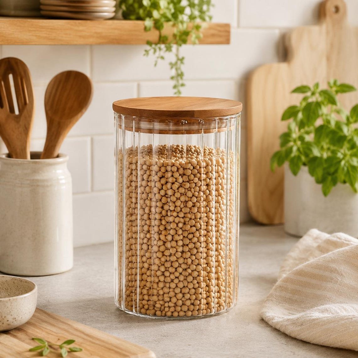 Ribbed Glass Storage Jar with Wooden Lid
