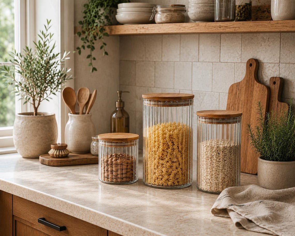 Ribbed Glass Storage Jar with Wooden Lid